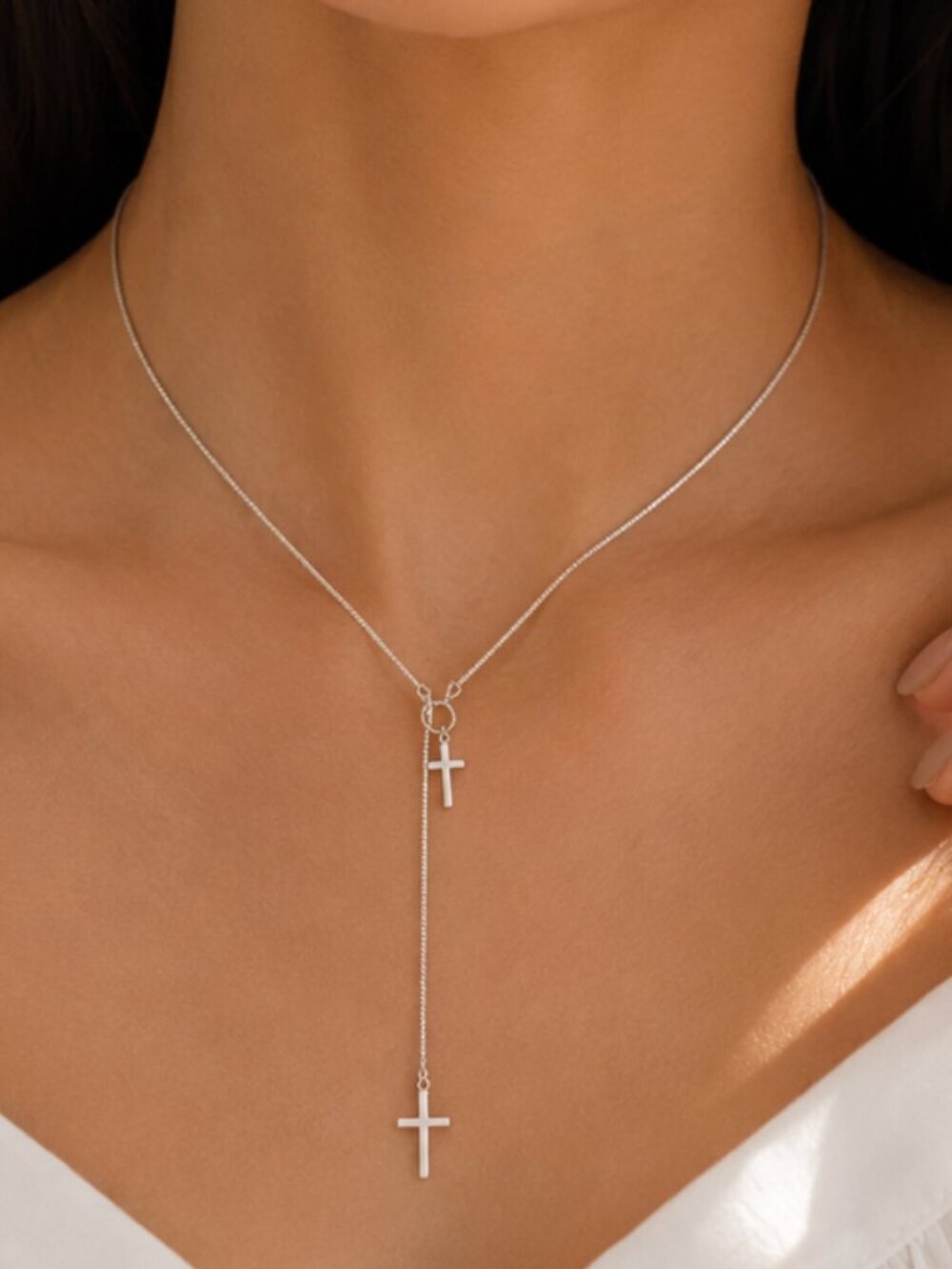 925 Sterling Silver Lariat Cross Necklace Cross Long Drop Necklace